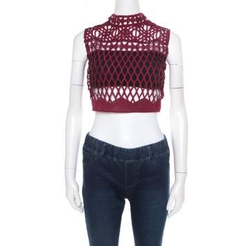 Pre Owned Self Portrait Burgundy Cutout Lace Sleeveless Crop Top S