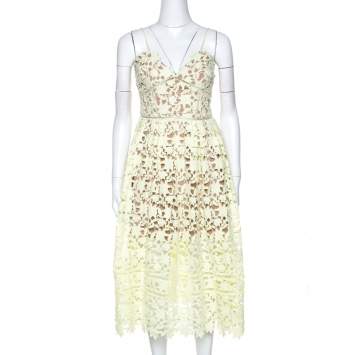 Pre Owned Self Portrait Pale Yellow Floral Guipure Lace Azaelea Midi Dress L