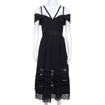 مملوكة مسبقًا Self Portrait Black Cady Lace Trim Draped Shoulder Midi Dress L