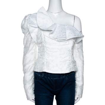 Pre Owned Self Portrait White Fil Coupe Ruffled One Shoulder Top M