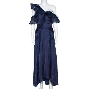 Pre Owned Self Portrait Navy Blue Lace Frilled One Shoulder Midi Dress L