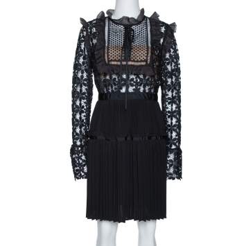 Pre Owned Self Portrait Black Guipure Lace & Organza Trim Pleated Adeline Dress M