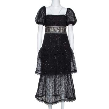 Pre Owned Self Portrait Black Sequin Circle Lace Midi Dress M