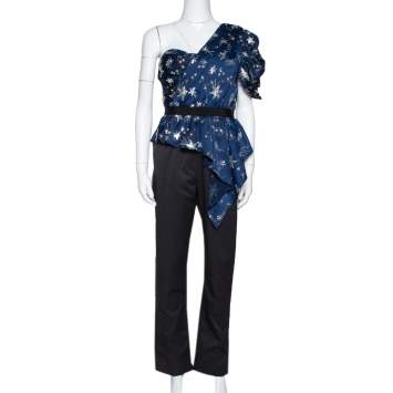 Pre Owned Self Portrait Navy Blue Star Satin Embellished One Shoulder Jumpsuit L