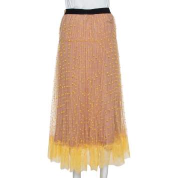 Pre Owned Self Portrait Yellow & Beige Tulle Polka Dot Midi Skirt S