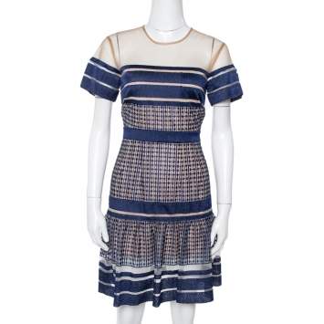 مملوكة مسبقًا Self Portrait Navy Blue Striped Mesh Peplum Dress S