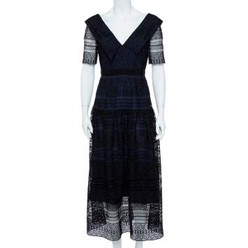 مملوكة مسبقًا Self-Portrait Black & Navy Spiral Panel Lace Midi Dress M