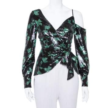 Pre Owned Self Portrait Black Leaf Sequin Wrap Top S
