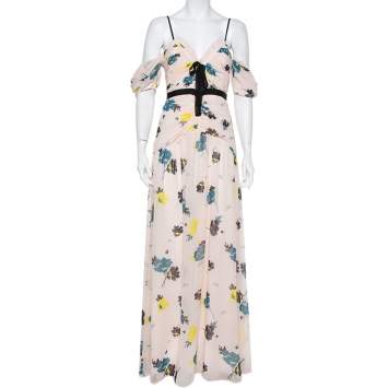 Pre Owned Self-Portrait Pink Floral Printed Chiffon Front Tie Detail Cold Shoulder Maxi Dress M