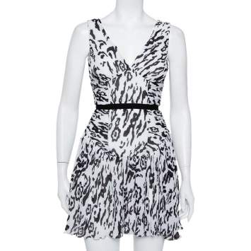 Pre Owned Self-Portrait Monochrome Leopard Printed Plisse Chiffon Sleeveless Mini Dress S