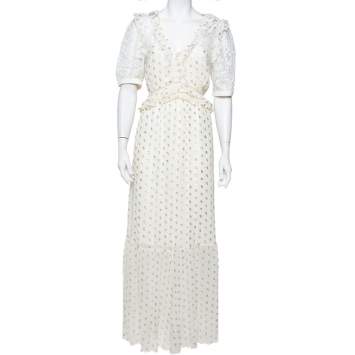 Pre Owned Self Portrait Cream Fil Coupe & Lace Ruffle Detail Maxi Dress L