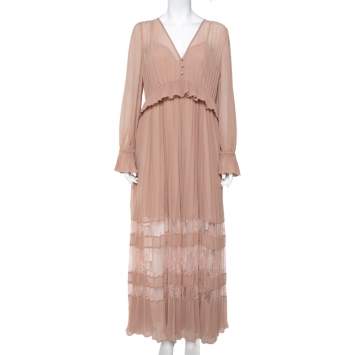 Pre Owned Self Portrait Nude Pink Chiffon Pleated  Lace Trim Detail Maxi Dress M