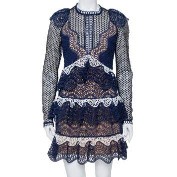 Pre Owned Self Portrait Navy Blue Wave Guipure Lace Ruffled Mini Dress M