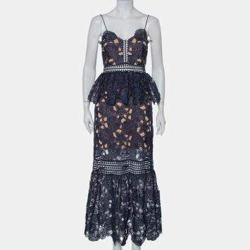 Pre Owned Self Portrait Navy Blue Lace Ruffled Amaryllis Sheer Column Dress M