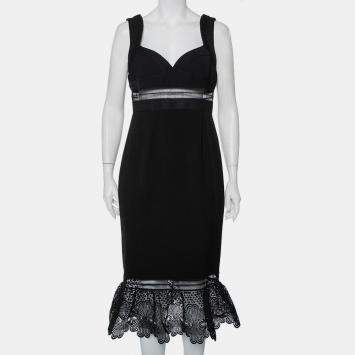 Pre Owned Self-Portrait Black Crepe Lace Trim Detail Olivia Midi Dress L