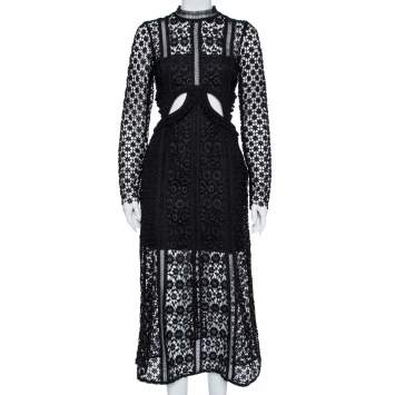 Pre Owned Self Portrait Black Guipure Lace Cutout Detail Maxi Dress M