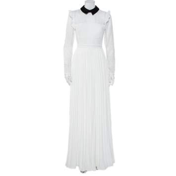 Pre Owned Self Portrait White Lace & Pleated Chiffon Paneled Contrast Trim Maxi Dress S