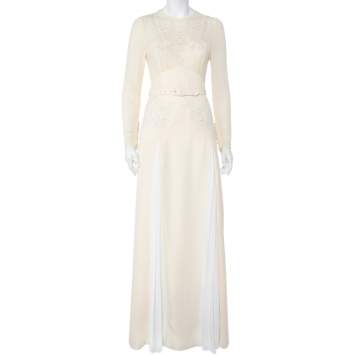Pre Owned Self Portrait Cream Embroidered Crepe Contrast Paneled Belted Maxi Dress S