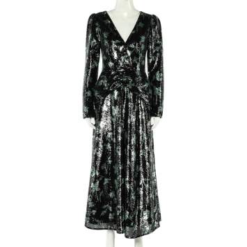 Pre Owned Self Portrait Black & Green Twist Leaf Sequin Embellished Midi Dress S 