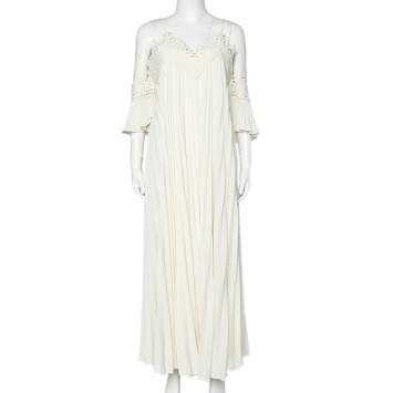 مملوكة مسبقًا Self Portrait Off-White Crepe Lace Trim Pleated Off Shoulder Dress L