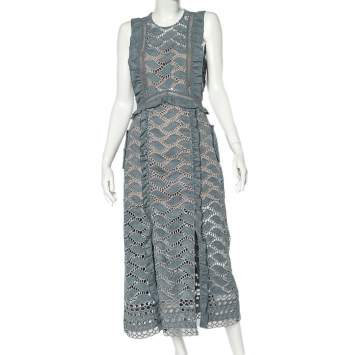 Pre Owned Self-Portrait Blue Faux Suede Cutwork Detail Sleeveless Midi Dress M