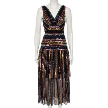 Pre Owned Self-Portrait Multicolor Stripe Sequin Embellished Tulle Sleeveless Midi Dress S