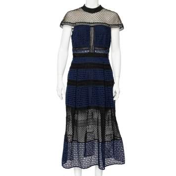 مملوكة مسبقًا Self-Portrait Navy Blue & Black Guipure Lace Paneled Midi Dress L