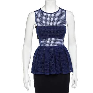 Pre Owned Self-Portrait Navy Blue Guipure Lace Sculpted Peplum Top S