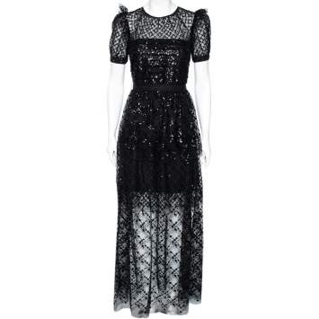 Pre Owned Self-Portrait Black Sequin Embellished Tulle Tiered Gown S