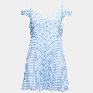 Pre Owned Self-Portrait Blue Gingham Crepe Off-Shoulder Mini Dress M