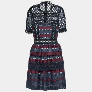 Pre Owned Self-Portrait Navy Blue & Burgundy Guipure Lace Tiered Mini Dress S