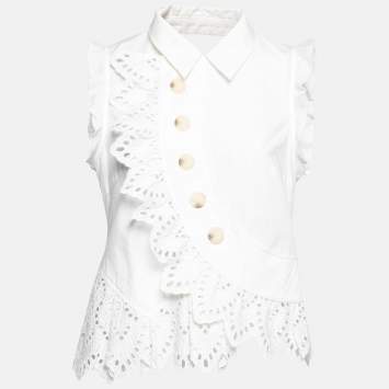 Pre Owned Self-Portrait White Eyelet Trimmed Cotton Button Front Top M