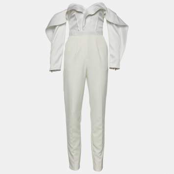 Pre Owned Self-Portrait Ivory Satin Ruffled Off-Shoulder Jumpsuit S