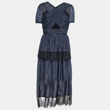 Pre Owned Self-Portrait Navy Blue Metallic Fil De Coupe Lace Trimmed Tiered Dress L