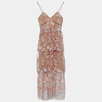 Pre Owned Self-Portrait Pink Tulle Floral Embellished Midi Dress XS