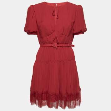 Pre Owned Self-Portrait Red Chiffon Pleated Belted Mini Dress M