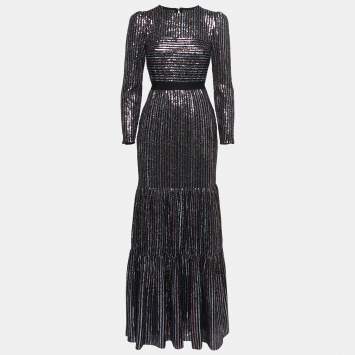 Pre Owned Self-Portrait Black Sequined Tiered Maxi Dress S