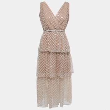 Pre Owned Self-Portrait Tan Sequin Tiered Sleeveless Midi Dress M