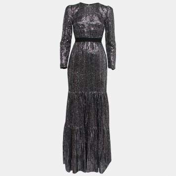 Pre Owned Self-Portrait Black Sequined Tiered Maxi Dress S