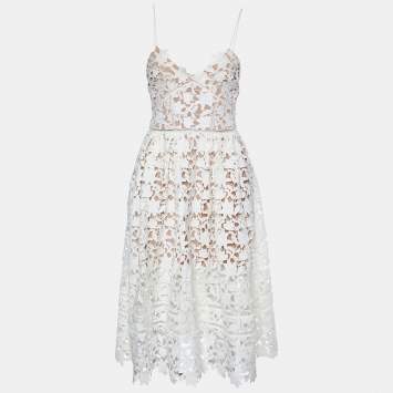 Pre Owned Self-Portrait White Guipure Lace Azalea Midi Dress S