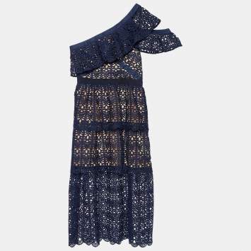 Pre Owned Self-Portrait Navy Blue Crochet Frill One Shoulder Midi Dress M