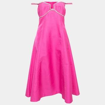مملوكة مسبقًا Self-Portrait Pink Jacquard Rhinestone-Embellished Midi Dress L