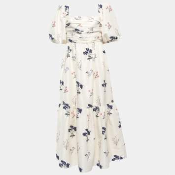 Pre Owned Self-Portrait White Ivory Floral Printed Taffeta Midi Dress L
