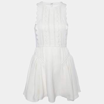 Pre Owned Self-Portrait Cream Crepe Scallop Sleeveless Mini Dress XS
