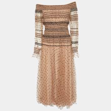 Pre Owned Self-Portrait Beige Polka Dot Tulle Ruched Off Shoulder Midi Dress L