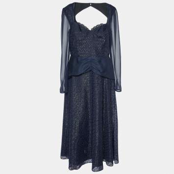 Pre Owned Self-Portrait Navy Blue Metallic Fil Coupe Midi Dress L