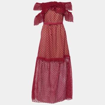 Pre Owned Self Portrait Burgundy Lace Off Shoulder Maxi Dress M