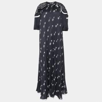 Pre Owned Self-Portrait Black Arrow Print Crepe Pleated Lace Trimmed Long Dress S