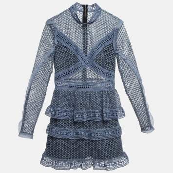 Pre Owned Self-Portrait Grey Lace Tiered Mini Dress S
