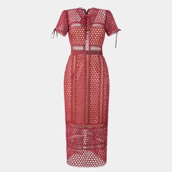 Pre Owned Self-Portrait Burgundy Lace Column Midi Dress L